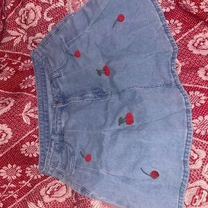 Denim Fitted Mini Pleated Skirt with Cherry Print